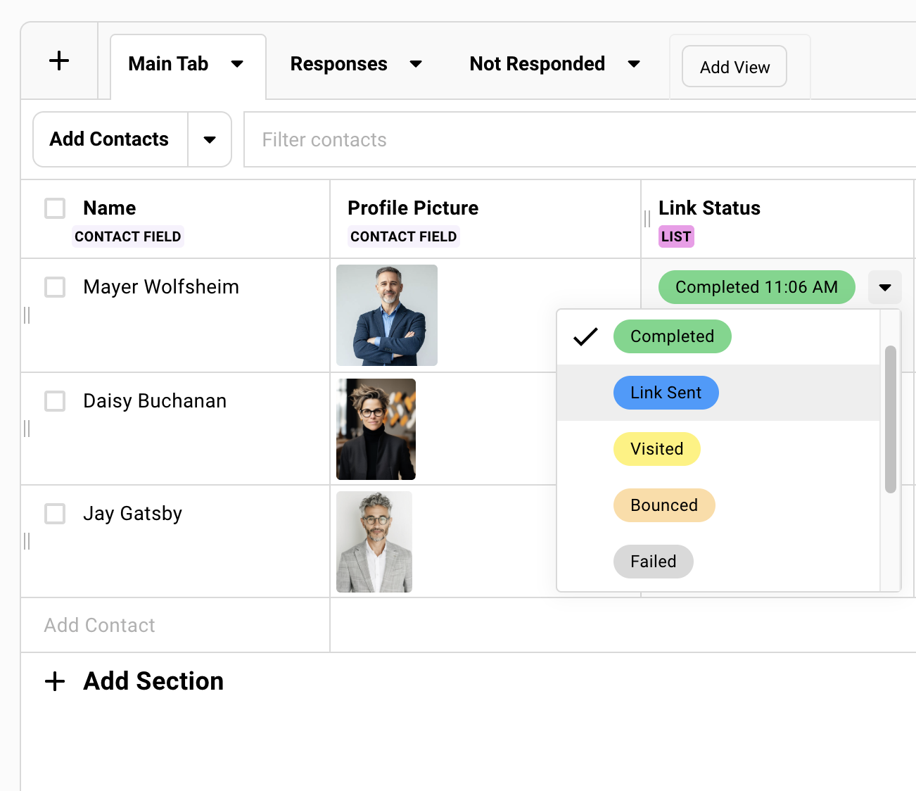 Showing the status options in a Gatsby contact List