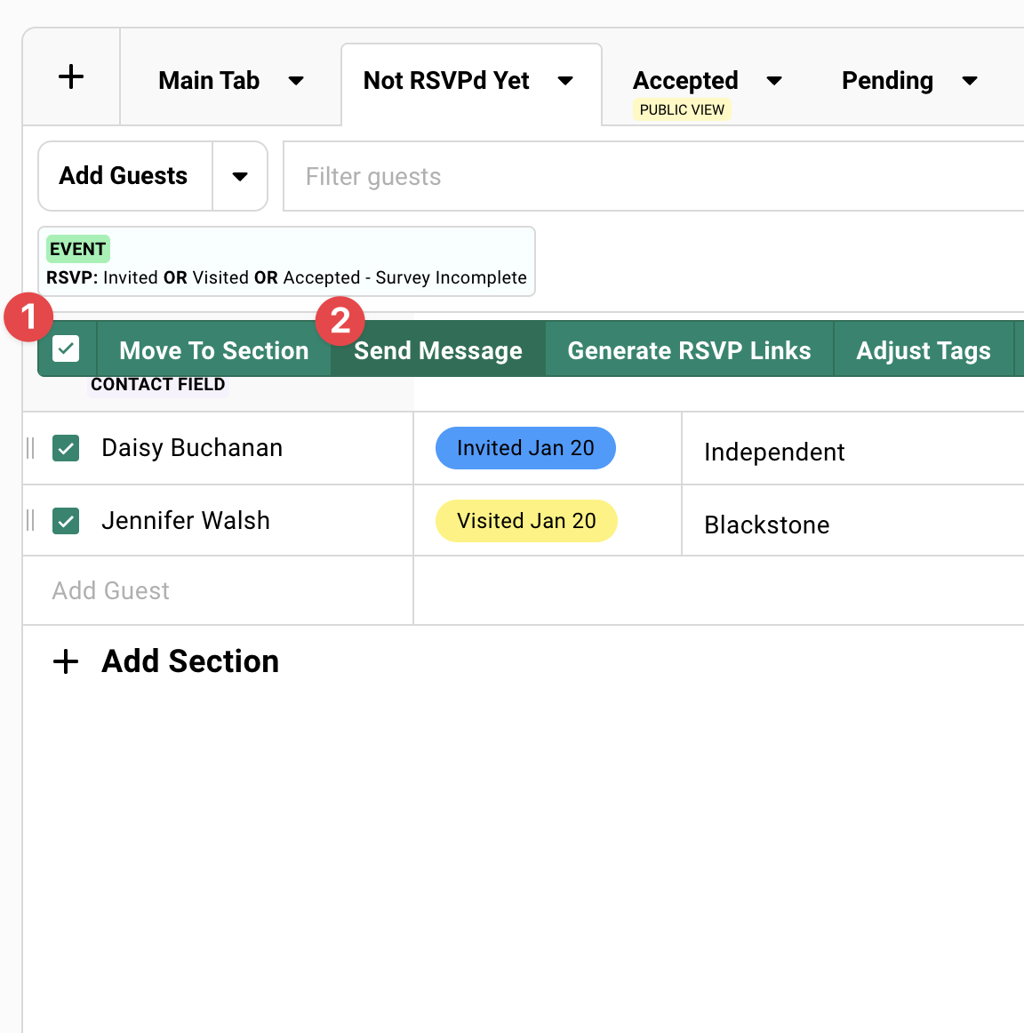 With guests selected on your guest list, choose the Send Message option
